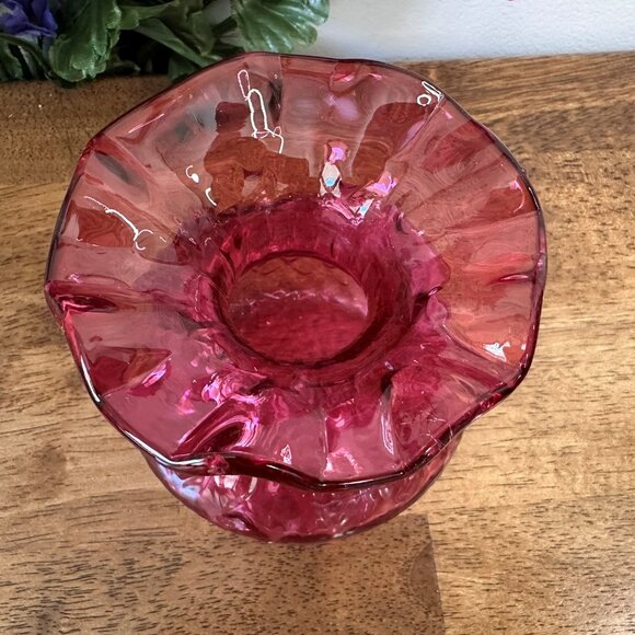 Vintage Cranberry Glass Vase‎ Diamond Thumbprint Pattern Ruffled Rim - Picture 6 of 7